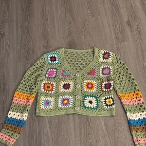 Olive Green Crocheted Patchwork Button-Front Cardigan